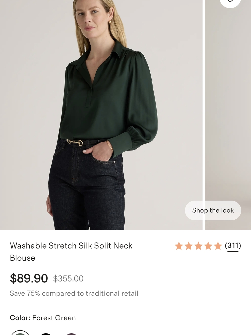 Quince Forest Green Washable Silk Split Neck Blouse